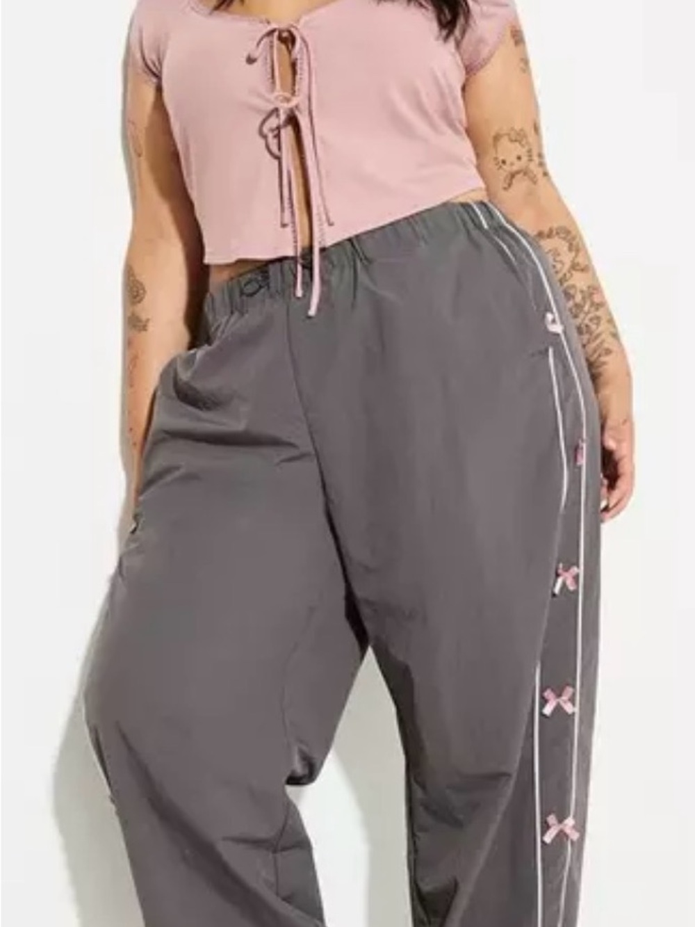 Lovesick by Torrid Charcoal Wide-Leg Track Pants with Pink Bow Trim